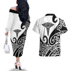 Personalised New Zealand Nurse Couples Matching Off The Shoulder Long Sleeve Dress and Hawaiian Shirt Maori Koru Black Version