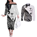 Personalised New Zealand Nurse Couples Matching Off The Shoulder Long Sleeve Dress and Long Sleeve Button Shirt Maori Koru Black Version
