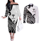 Personalised New Zealand Nurse Couples Matching Off The Shoulder Long Sleeve Dress and Long Sleeve Button Shirt Maori Koru Black Version