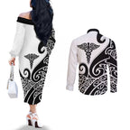Personalised New Zealand Nurse Couples Matching Off The Shoulder Long Sleeve Dress and Long Sleeve Button Shirt Maori Koru Black Version