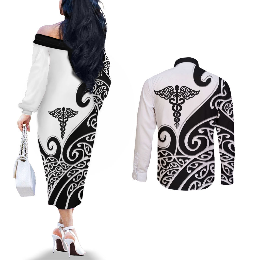 Personalised New Zealand Nurse Couples Matching Off The Shoulder Long Sleeve Dress and Long Sleeve Button Shirt Maori Koru Black Version