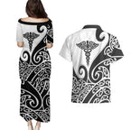 Personalised New Zealand Nurse Couples Matching Puletasi and Hawaiian Shirt Maori Koru Black Version