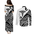 Personalised New Zealand Nurse Couples Matching Puletasi and Long Sleeve Button Shirt Maori Koru Black Version