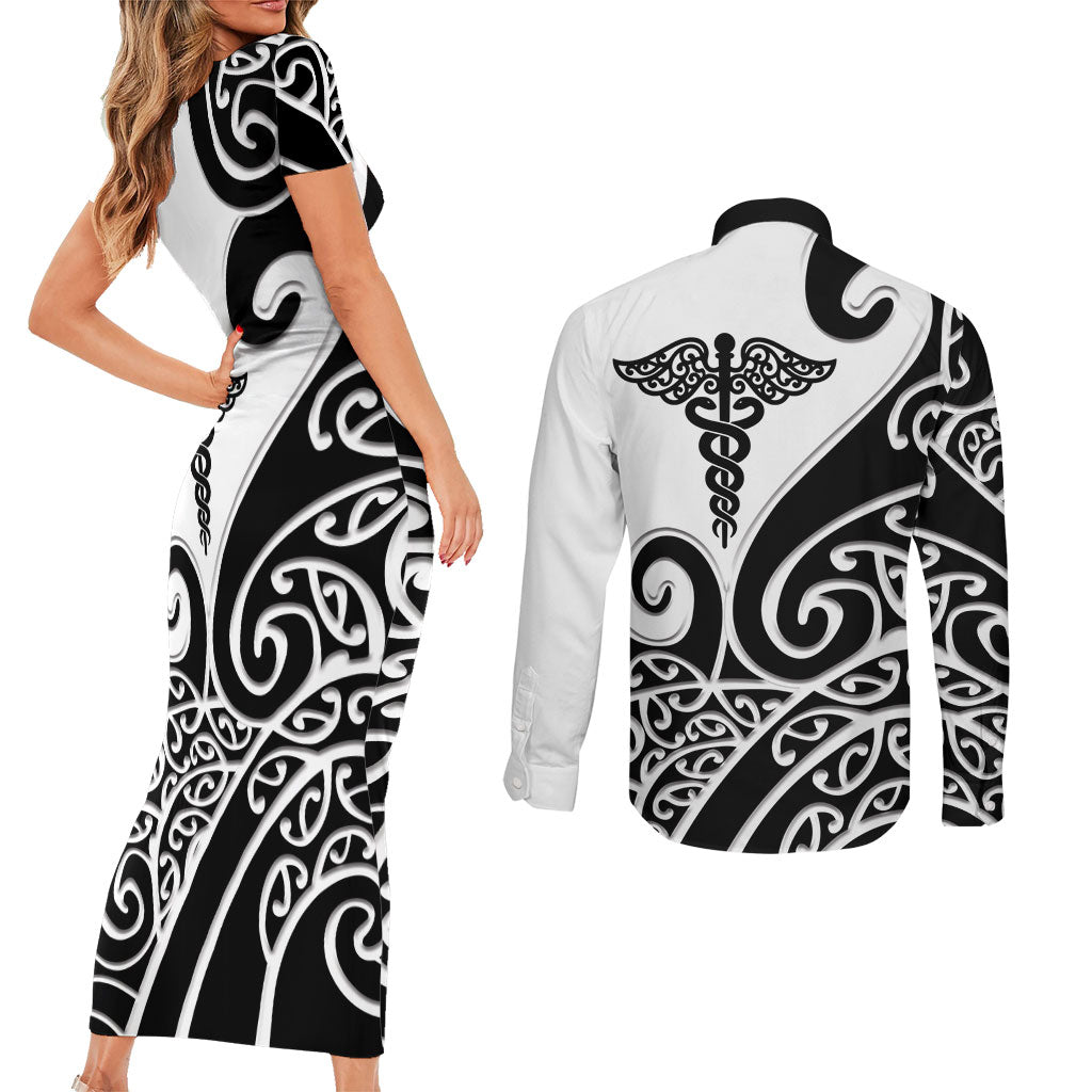 Personalised New Zealand Nurse Couples Matching Short Sleeve Bodycon Dress and Long Sleeve Button Shirt Maori Koru Black Version