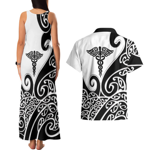 Personalised New Zealand Nurse Couples Matching Tank Maxi Dress and Hawaiian Shirt Maori Koru Black Version