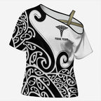 Personalised New Zealand Nurse Cross Shoulder Shirt Maori Koru Black Version