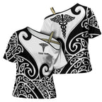 Personalised New Zealand Nurse Cross Shoulder Shirt Maori Koru Black Version