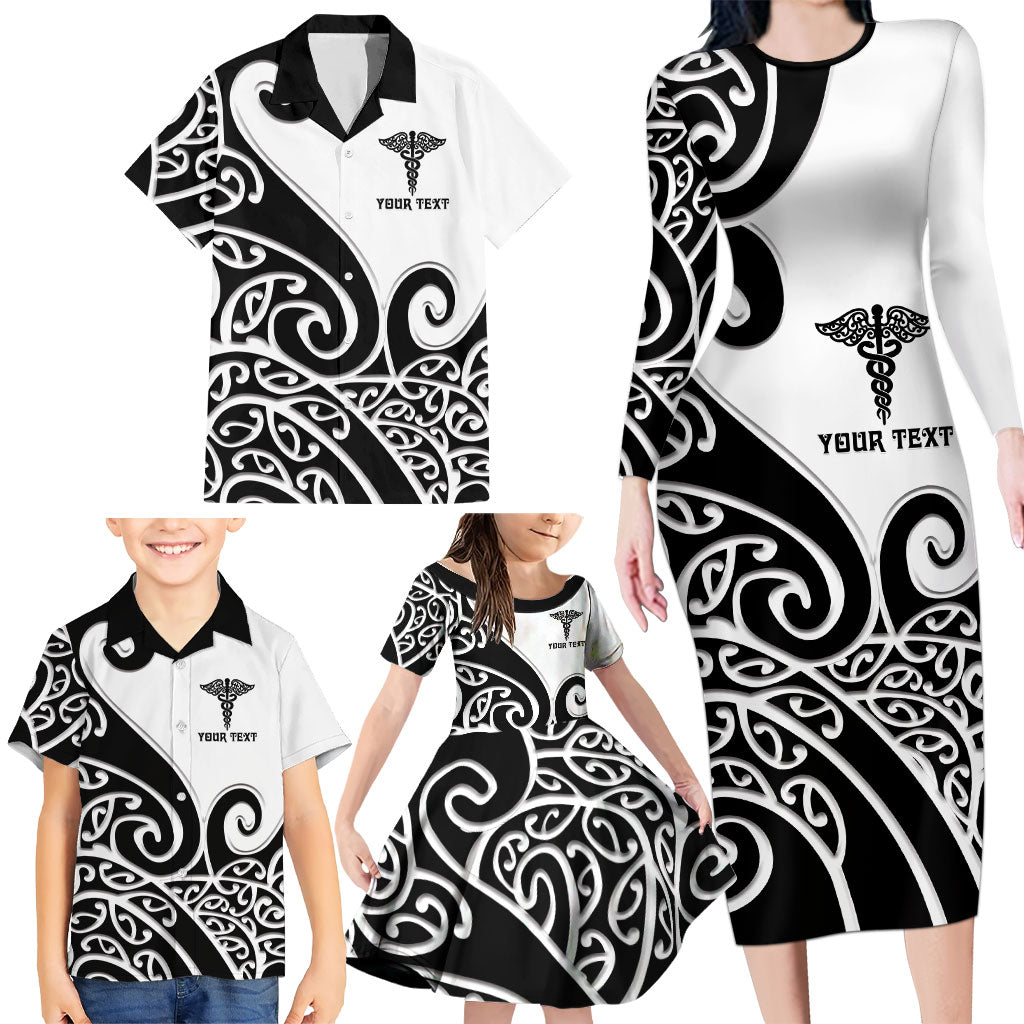 Personalised New Zealand Nurse Family Matching Long Sleeve Bodycon Dress and Hawaiian Shirt Maori Koru Black Version