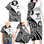 Personalised New Zealand Nurse Family Matching Long Sleeve Bodycon Dress and Hawaiian Shirt Maori Koru Black Version