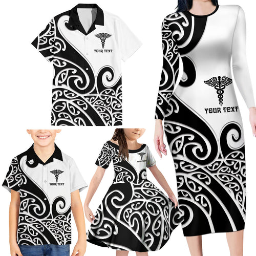 Personalised New Zealand Nurse Family Matching Long Sleeve Bodycon Dress and Hawaiian Shirt Maori Koru Black Version