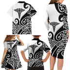 Personalised New Zealand Nurse Family Matching Long Sleeve Bodycon Dress and Hawaiian Shirt Maori Koru Black Version