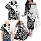 Personalised New Zealand Nurse Family Matching Off The Shoulder Long Sleeve Dress and Hawaiian Shirt Maori Koru Black Version