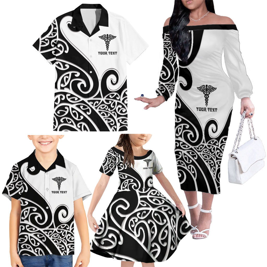 Personalised New Zealand Nurse Family Matching Off The Shoulder Long Sleeve Dress and Hawaiian Shirt Maori Koru Black Version