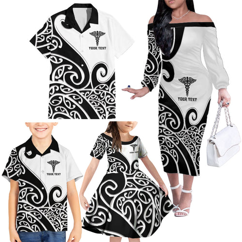 Personalised New Zealand Nurse Family Matching Off The Shoulder Long Sleeve Dress and Hawaiian Shirt Maori Koru Black Version