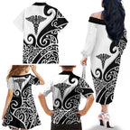 Personalised New Zealand Nurse Family Matching Off The Shoulder Long Sleeve Dress and Hawaiian Shirt Maori Koru Black Version