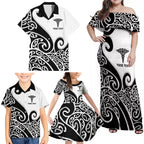 Personalised New Zealand Nurse Family Matching Off Shoulder Maxi Dress and Hawaiian Shirt Maori Koru Black Version