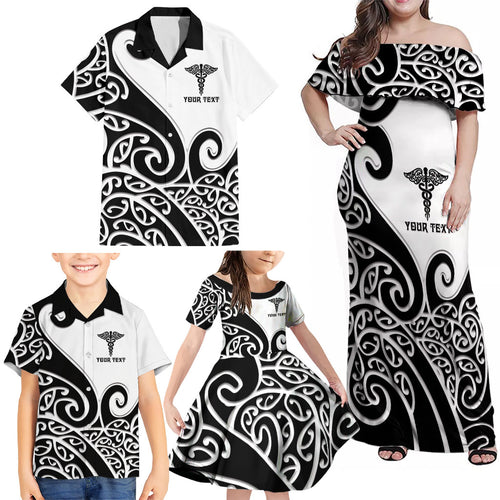 Personalised New Zealand Nurse Family Matching Off Shoulder Maxi Dress and Hawaiian Shirt Maori Koru Black Version