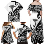 Personalised New Zealand Nurse Family Matching Off Shoulder Maxi Dress and Hawaiian Shirt Maori Koru Black Version