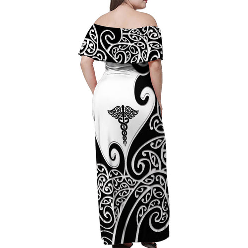 Personalised New Zealand Nurse Family Matching Off Shoulder Maxi Dress and Hawaiian Shirt Maori Koru Black Version