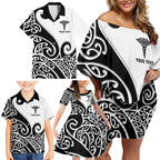 Personalised New Zealand Nurse Family Matching Off Shoulder Short Dress and Hawaiian Shirt Maori Koru Black Version