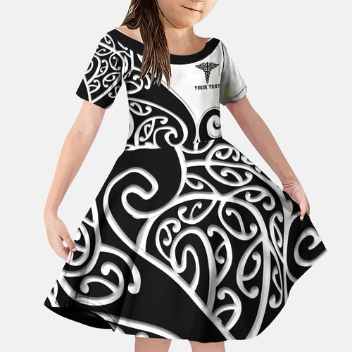 Personalised New Zealand Nurse Family Matching Off Shoulder Short Dress and Hawaiian Shirt Maori Koru Black Version