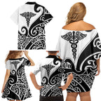 Personalised New Zealand Nurse Family Matching Off Shoulder Short Dress and Hawaiian Shirt Maori Koru Black Version