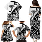 Personalised New Zealand Nurse Family Matching Puletasi and Hawaiian Shirt Maori Koru Black Version