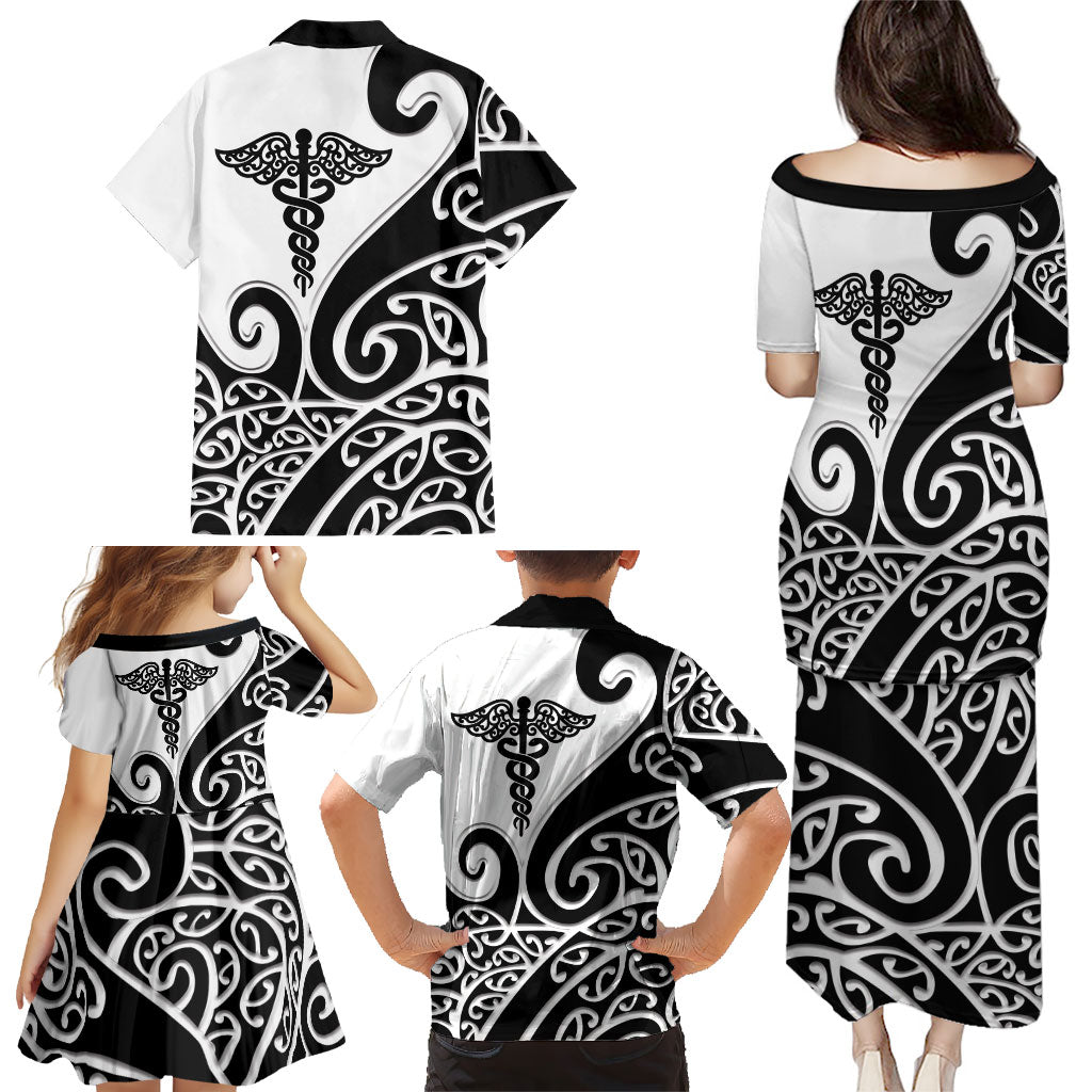 Personalised New Zealand Nurse Family Matching Puletasi and Hawaiian Shirt Maori Koru Black Version