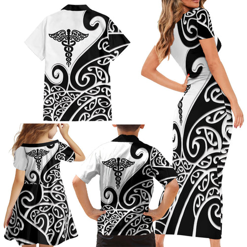 Personalised New Zealand Nurse Family Matching Short Sleeve Bodycon Dress and Hawaiian Shirt Maori Koru Black Version