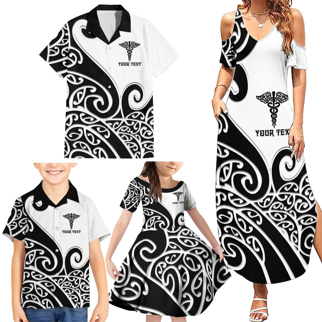 Personalised New Zealand Nurse Family Matching Summer Maxi Dress and Hawaiian Shirt Maori Koru Black Version