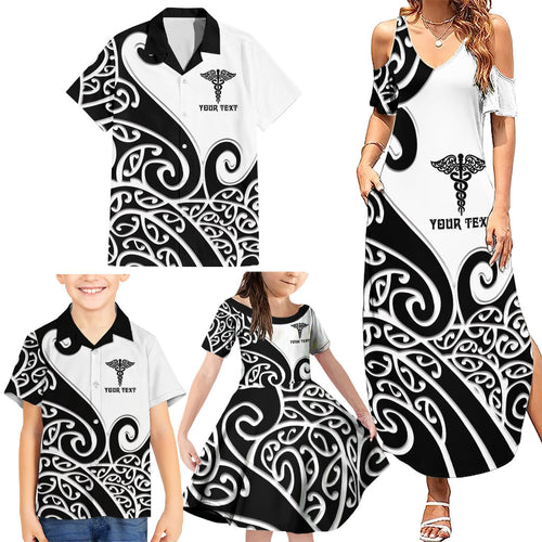 Personalised New Zealand Nurse Family Matching Summer Maxi Dress and Hawaiian Shirt Maori Koru Black Version