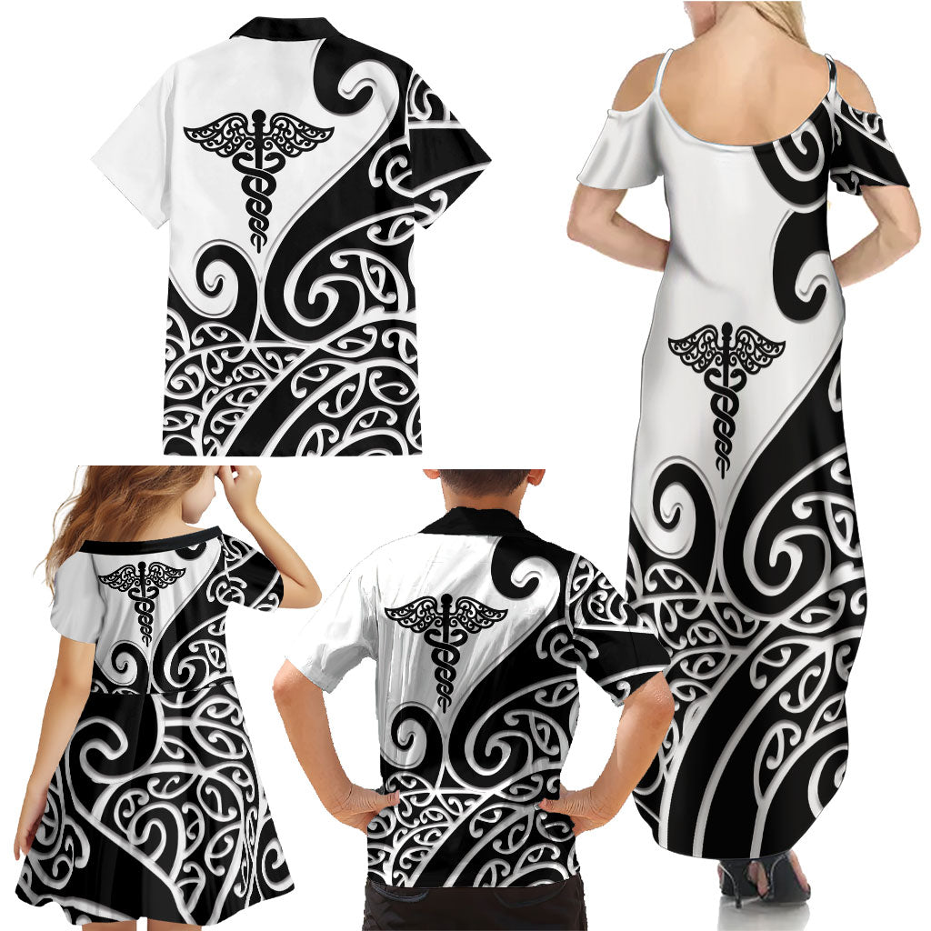 Personalised New Zealand Nurse Family Matching Summer Maxi Dress and Hawaiian Shirt Maori Koru Black Version