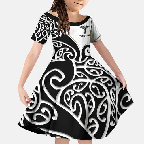 Personalised New Zealand Nurse Kid Short Sleeve Dress Maori Koru Black Version