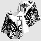 Personalised New Zealand Nurse Kimono Sleeve Blouse Maori Koru Black Version