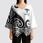 Personalised New Zealand Nurse Kimono Sleeve Blouse Maori Koru Black Version