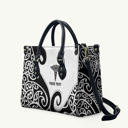 Personalised New Zealand Nurse Leather Bag Maori Koru Black Version