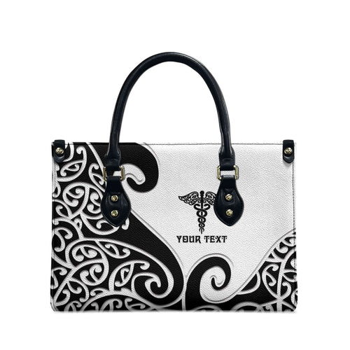 Personalised New Zealand Nurse Leather Bag Maori Koru Black Version
