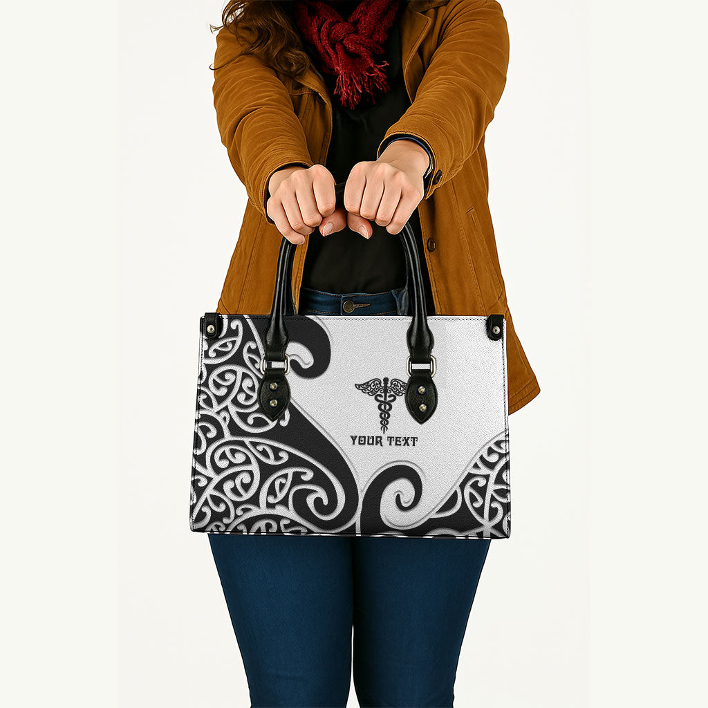 Personalised New Zealand Nurse Leather Bag Maori Koru Black Version