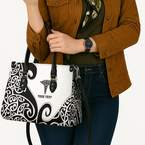 Personalised New Zealand Nurse Leather Bag Maori Koru Black Version