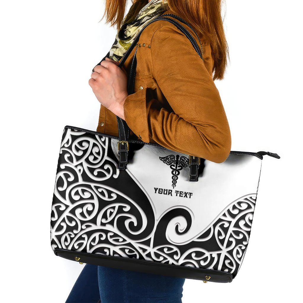 Personalised New Zealand Nurse Leather Tote Bag Maori Koru Black Version