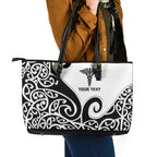 Personalised New Zealand Nurse Leather Tote Bag Maori Koru Black Version