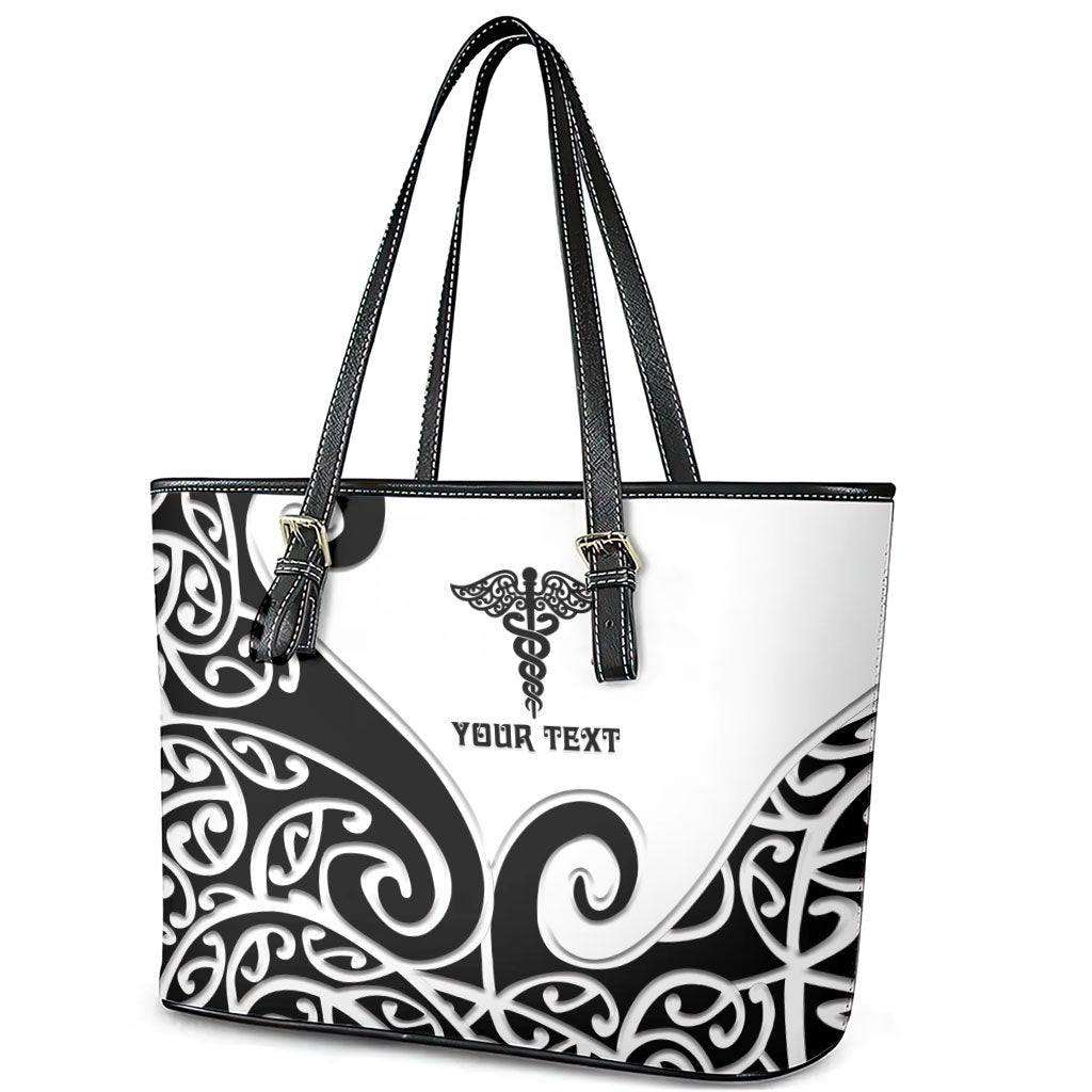 Personalised New Zealand Nurse Leather Tote Bag Maori Koru Black Version
