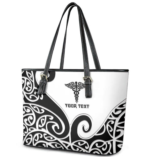 Personalised New Zealand Nurse Leather Tote Bag Maori Koru Black Version