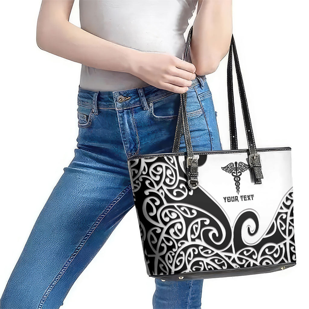 Personalised New Zealand Nurse Leather Tote Bag Maori Koru Black Version