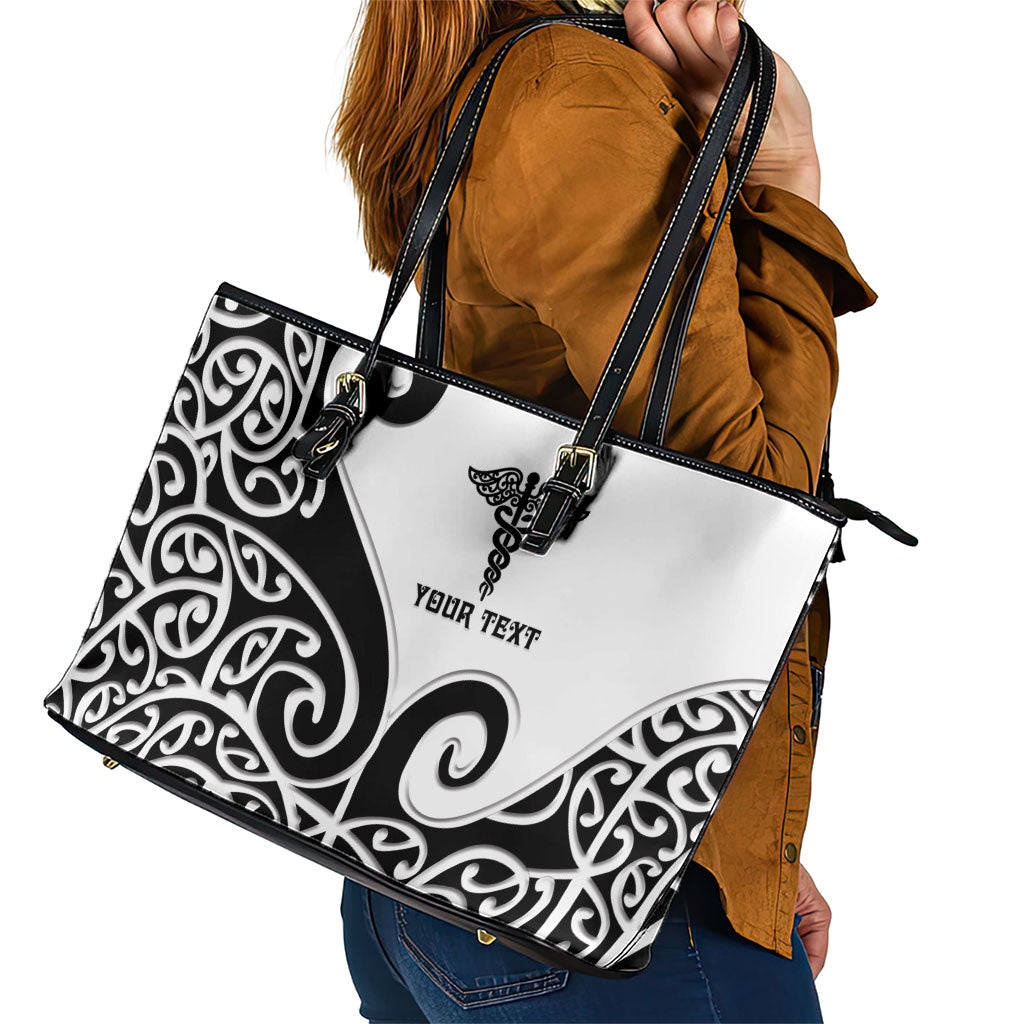 Personalised New Zealand Nurse Leather Tote Bag Maori Koru Black Version