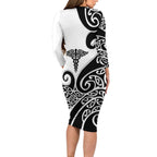 Personalised New Zealand Nurse Long Sleeve Bodycon Dress Maori Koru Black Version