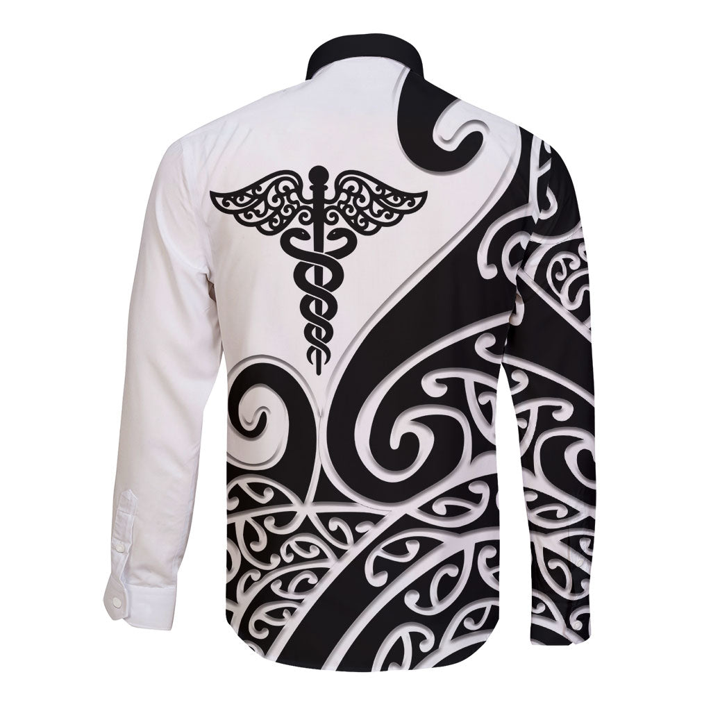 Personalised New Zealand Nurse Long Sleeve Button Shirt Maori Koru Black Version