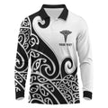 Personalised New Zealand Nurse Long Sleeve Polo Shirt Maori Koru Black Version