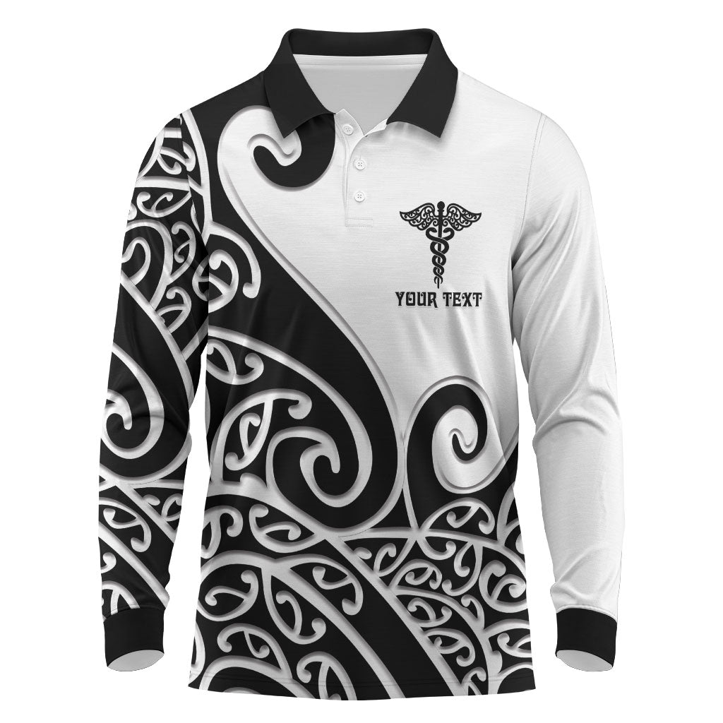 Personalised New Zealand Nurse Long Sleeve Polo Shirt Maori Koru Black Version