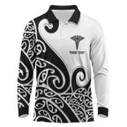 Personalised New Zealand Nurse Long Sleeve Polo Shirt Maori Koru Black Version